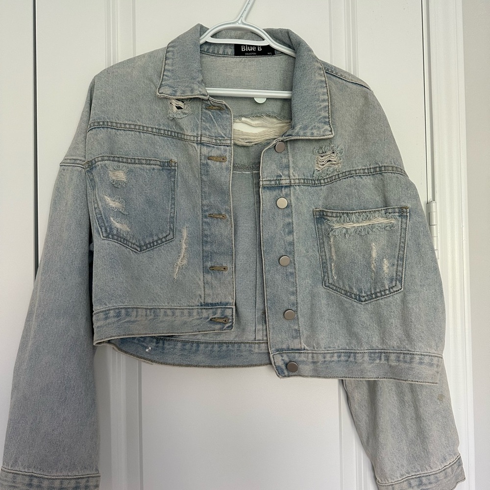 Blue B Women's Light Blue Distressed Jean Jacket with Rhinestones